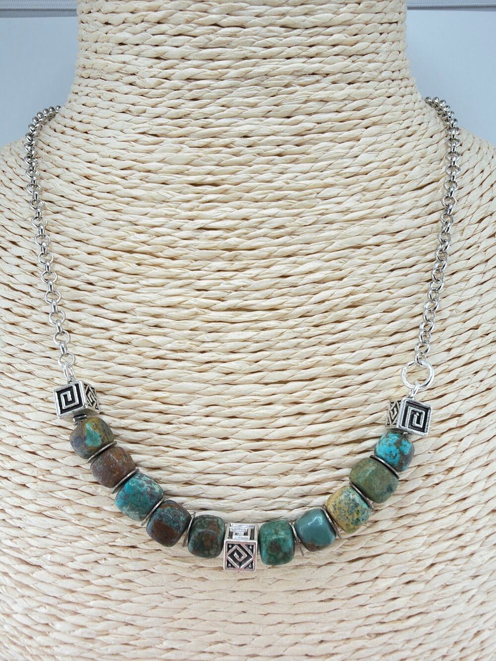 Handcrafted Turquoise and Sterling Silver Geometric Bead Necklace